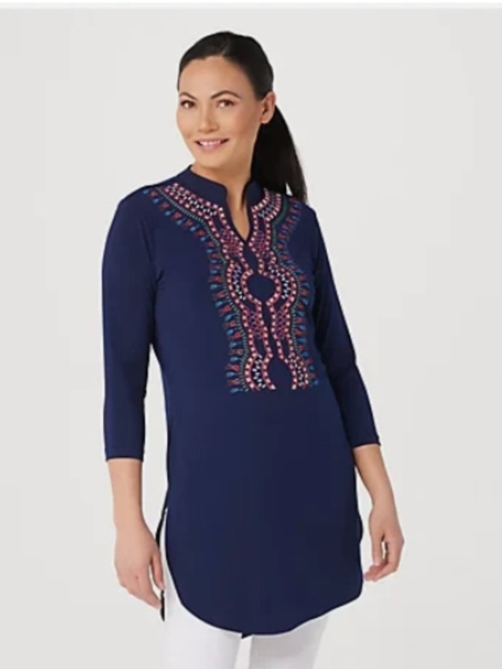 Attitudes by Renee Como Jersey Embroidered Tunic-Navy-XXS-A375889-NEW